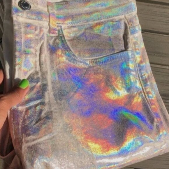 ZARA Metallic Mid-Rise Slim Denim Jean Holographic Iridescent Pink Silver Disco - Picture 9 of 9